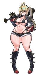 1girls ahoge alternate_breast_size big_breasts bikini black_bikini blonde_hair boots busty cleavage female female_only full_body gloves high_heel_boots high_heels holding_bat holding_weapon jacket large_breasts light-skinned_female light_skin luciana_de_montefio mold001 navel open_shirt panties red_eyes shorts side_ponytail solo thick_thighs torn_shorts voluptuous white_background wide_hips zenless_zone_zero