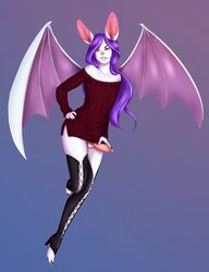 1boy bat bat_wings boots clothed clothing crossdressing footwear girly hair helmed helmed_(character) high_heels long_hair male male_only mammal membranous_wings nao(naomi) penis solo sweater thigh_highs tight_clothing toes trap_(disambiguation) wings