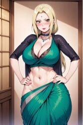 1female 1girls ai_generated belly_button blonde_hair blush earrings ghost141000 green_saree hands_on_hips harem_outfit large_breasts mature_female mommy nails_painted naruto naruto_(classic) naruto_(series) naruto_shippuden navel necklace revealing_clothes tsunade