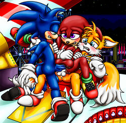 anal anal_sex anus balls blonde_hair blue_eyes blue_fur blush canine clothing double_anal double_penetration echidna footwear fox fur gay green_eyes hair happyanthro hedgehog knuckles_the_echidna male_only mammal monotreme penetration penis precum purple_eyes red_fur shoes sonic_(series) sonic_the_hedgehog tails tan_fur team_sonic video_games white_fur yaoi yellow_fur