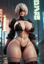 1girls ai_generated bikini blindfold breasts cleavage clothed curvy curvy_figure fishnets goth goth_girl hairband huge_breasts lips lipstick makeup minomixai navel nier:_automata shiny_skin short_hair solo swimsuit thick_thighs thigh_boots thighhighs thighs wet white_hair yorha_2b