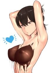 armpits arms_behind_head arms_up blush breasts brown_eyes brown_hair chocolate chocolate_on_breasts clavicle closed_mouth dripping erect_nipples expressionless eyebrows eyebrows_visible_through_hair female hair_between_eyes half-closed_eyes heart high_resolution kaga_(kantai_collection) kantai_collection large_breasts looking_at_viewer naked_chocolate nipples nude ponytail ribs short_hair simple_background solo tied_hair tsurime upper_body wa_(genryusui) white_background