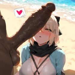 1boy 1girls ai_generated beach benisman big_breasts big_penis censored dark-skinned_male fate/grand_order fate_(series) imminent_oral interracial light-skinned_female okita_souji_(fate) okita_souji_(fate)_(all) penis penis_awe slutty_outfit yellow_hair