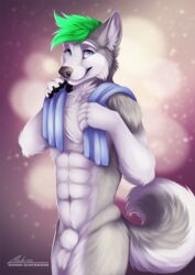 1boy 2017 animal_genitalia anthro balls canine digital_media_(artwork) fur husky le_suce_d'husky lukehusky male male_only mammal nude sheath silvixen simple_background solo white_fur