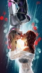 2girls ball_gag bondage bra female female_only gwen_stacy lesbian marvel marvel_comics mary_jane_watson megaween multiple_girls panties raining rope spider-man_(series) upside-down wet_body wet_clothes yuri