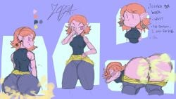 1girls anus ass bent_over big_ass chronoa dialogue dragon_ball dragon_ball_z earrings fart fart_cloud fart_fetish farting female pink_hair pink_skin pussy shortstack supreme_kai_of_time text zeppauwa