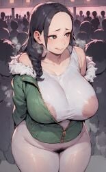 ai_generated areolae arms_behind_back black_hair close-up crowd from_above green_jacket heart-shaped_pupils large_ass large_breasts licking_lips milf night off_shoulder patreon plump pubic_hair see-through_clothing steam xheceox