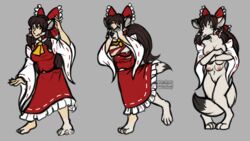 2017 anthro bow bow_tie breasts canine claws clothed clothing comic confusion digital_media_(artwork) digitigrade dress female fox fur hair hi_res human long_hair long_tail looking_at_viewer mammal multi_breast muzzle_(disambiguation) naughtygryph nipples nude open_mouth pussy reimu_hakurei scared sequence simple_background solo standing surprise tail toe_claws toes torn_clothing touhou transformation uncensored white_fur