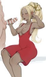 1boy 1girls after_fellatio areolae blonde_hair blush breasts censored cheshirrr clothed clothing cum cum_in_mouth cute dark_skin gravity_rush human kat_(gravity_rush) long_hair mostly_nude nipples penis pubic_hair scarf short_hair