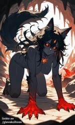 1girls ai_generated all_fours animal_ears ass_up black_body black_fur black_hair black_sclera black_skin breasts butt_up claws female fluffy_tail glavakolhoza glowing_eyes glowing_hands glowing_markings hair hands_and_knees hellhound_(monster_girl_encyclopedia) large_breasts monster_girl monster_girl_(genre) monster_girl_encyclopedia nipples nude red_eyes solo tail thighs