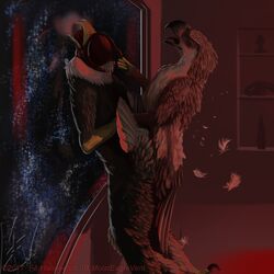 2017 ahe_gao ambiguous_gender anthro avian bald_eagle ball_gag beak bird blindfold bondage detailed_background digital_media_(artwork) domination eagle falconry_hood feathers from_behind_(disambiguation) gag hood looking_pleasured male male/ambiguous moisteaglevent nude petplay philippine_eagle roleplay sex space tagme talons window