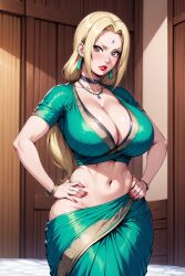 ai_generated belly_button blonde_hair bracelet earrings female ghost14100 ghost141000 green_saree hand_on_hip large_breasts light-skinned_female looking_at_viewer mature_female midriff mommy nails_painted naruto naruto_(classic) naruto_(series) naruto_shippuden navel necklace saree sari standing tsunade