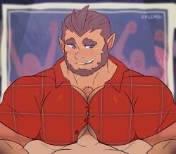 2d 2d_animation animated bara beard biceps big_pecs big_penis blush clothing gay hairy_chest humanoid_pointy_ears male male/male male_only masturbation monster_prom muscular_male pec_job pecs penis scott_howl tight_clothing vvulfbara werewolf