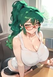 ai_generated ass ass_bigger_than_head ass_through_clothes big_ass big_breasts blush blushing booty_shorts dark_green_hair disheveled_hair fit_female glasses hazel_eyes huge_breasts jujutsu_kaisen ponytail thiccwithaq_(ai_style) thick_thighs tight_clothing tomboy yuta_okkotsu zenin_maki