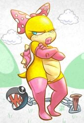 2014 bow_(feature) chain_chomp chains clothing crossed_arms embarrassed female genitals koopaling legwear mario_(series) nintendo nude open_mouth outdoors outside pussy reptile scalie shell standing super_mario_bros. thigh_highs turtle tvma wendy_o._koopa