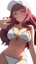 1girls ahonoko alternate_costume baseball_cap bikini blush breasts cleavage closed_mouth collarbone cowboy_shot facial_mark female female_only fire_emblem fire_emblem_engage front-tie_bikini_top front-tie_top hair_ornament hand_in_own_hair hand_out_of_frame hat highres large_breasts long_hair looking_at_viewer looking_down navel nintendo red_eyes red_hair sideboob sidelocks simple_background skindentation solo split_mouth star_(symbol) star_facial_mark star_hair_ornament straight_hair swimsuit underboob white_background white_bikini white_hat white_swimsuit yunaka_(fire_emblem)
