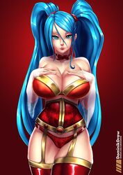 big_breasts blue_eyes blue_hair breasts cleavage female female_only garter_belt large_breasts league_of_legends long_hair looking_at_viewer lord_dominik panties solo sona_buvelle thighhighs twintails