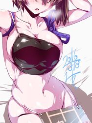 asymmetrical_hair breasts brown_hair clavicle cleavage dated female female groin heavy_breathing kaga_(kantai_collection) kantai_collection large_breasts long_hair miuku_(marine_sapphire) muneate navel ponytail side_ponytail sitting solo sweat tied_hair