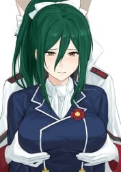 1boy 1girl absurdres animal_ears blush breasts brown_eyes cat_boy cat_ears crusch_karsten felix_argyle gloves grabbing_another's_breast green_hair groping hair_between_eyes hair_ribbon highres large_breasts long_hair long_sleeves meomeo0303 military_uniform ponytail re:zero_kara_hajimeru_isekai_seikatsu ribbon shirt sidelocks white_gloves white_ribbon white_shirt