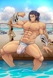 1boy abs bara biceps big_bulge bulge finall_bosss huge_bulge jockstrap league_of_legends male male_nipples male_only muscular_male nipples pecs penis_outline riot_games sylas thong underwear wet