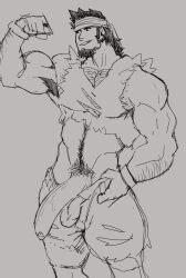 1boy abs bara beard biceps big_balls big_penis clothing male male_only male_pubic_hair monochrome muscular_male pecs wolfshirtart