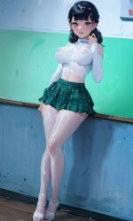 1girls ai_generated blue_eyes blue_hair chloenette69 cum cum_on_body female female_only heels looking_at_viewer marinette_cheng marinette_dupain-cheng miraculous_ladybug school_uniform see-through_top skirt solo stockings