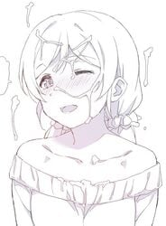 ;d bare_shoulders blush collarbone cum cum_on_body cum_on_upper_body deyuuku eyebrows_visible_through_hair facial female greyscale hair_ornament hair_scrunchie long_hair looking_at_viewer love_live! love_live!_school_idol_project monochrome nose_blush off-shoulder_sweater one_eye_closed open_mouth scrunchie smile solo sweater toujou_nozomi twintails upper_body