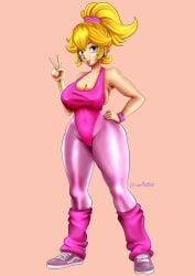 1girls 2d aerobics_clothing artist_name big_breasts blonde_hair blue_eyes busty cleavage exercise exercise_clothing female female_only fitness huge_breasts large_breasts leotard mario_(series) nintendo ozvolt peace_sign ponytail princess princess_peach shoes solo solo_female super_mario_bros. tagme thick_thighs v_sign wide_hips