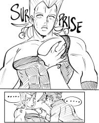 ... 2boys black_and_white english_text grabbing_pecs hi_res jean_pierre_polnareff jojo's_bizarre_adventure jotaro_kujo large_pectorals looking_at_another looking_at_another's_hand male_focus male_only muscular muscular_male ninotrash soft_breasts stardust_crusaders surprised sweatdrop text