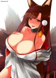 1girls akagi_(azur_lane) animal_ears areola_slip areolae azur_lane bare_shoulders breasts brown_hair eyebrows_visible_through_hair female female_only fox_ears fox_girl fox_tails hand_on_own_chest highres japanese_clothes kimono large_breasts light-skinned_female light_skin long_hair looking_at_viewer mattari_yufi multi_tail multiple_tails open_mouth sakura_empire_(azur_lane) smile solo tail teeth