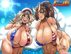 2girls 4th_of_july american_flag_bikini ass beach bending_over bent_over big_ass big_breasts big_butt blonde_hair blonde_hair_female blue_eyes bracelet breasts brown_hair brown_hair_female choker chubby_female cloud curvaceous curvy curvy_figure green_eyes hair_ornament huge_breasts in_water looking_at_viewer miss_bomber!! miss_bomber_(character) multiple_girls muscular_arms muscular_female muscular_thighs ponytail r0771 renshirou renzaburo0771 sister_mizuki sling_bikini smiling_at_viewer star_tattoo sunlight suprised surprised tattoo thick_thighs thighs water wet_body