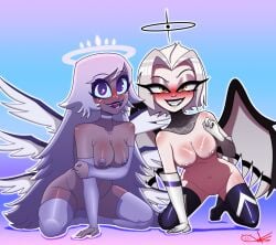 2girls angel artist_signature big_breasts couple emily_(hazbin_hotel) female_only halo hazbin_hotel heaven lingerie looking_at_viewer lute_(hazbin_hotel) multiple_girls one_hand_on_the_ground purple_hair r4x4nclh smiling_at_viewer vivziepop white_hair white_skin