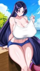 1girls alternate_version_available big_breasts blue_shorts blush booty_shorts bottomwear breasts camisole fate/grand_order fate_(series) female female_only hair huge_breasts large_breasts long_hair mature mature_female mature_woman milf minamoto_no_raikou_(fate/grand_order) nail_polish nails nez-box purple_eyes purple_hair purple_nail_polish purple_nails short_shorts shorts smile solo solo_female thighs topwear white_camisole