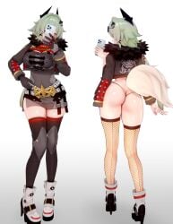 3d absurdres ass breasts caesar_king female foxyreine g-string gloves hair_between_eyes hair_intakes highres large_breasts long_hair long_sleeves looking_at_viewer mixed_media panties prosthesis prosthetic_hand skirt solo tail thighhighs thighs thong underwear zenless_zone_zero