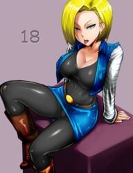 1girls android_18 aqua_eyes arm_support belt blonde_hair blue_eyes boots breasts cleavage clothed covered_navel curvy denim_vest dragon_ball earrings female female_only footwear large_breasts looking_at_viewer okyou short_hair sitting skirt solo thick_lips tight_clothes tongue tongue_out vest voluptuous wide_hips