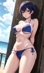 ai_generated beach bikini bikini_bottom bikini_top blue_bikini blue_bikini_bottom blue_bikini_top blue_eyes blue_hair blue_swimsuit blush cleavage covered_nipples embarrassed fence large_ass large_breasts leaning leaning_back naoto_shirogane navel nipple_bulge nipples_visible_through_clothing ocean persona persona_4 short_hair side-tie_bikini side-tie_bikini_bottom side-tie_bottom side-tie_swimsuit side-tie_swimwear sideboob skindentation solo strap_gap straps swimsuit thick_thighs wooden_wall
