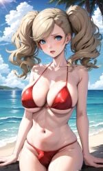 1futa 1futanari 1girls ai_generated ann_takamaki beach belly belly_button big_ass big_breasts bikini bikini_bottom bikini_bulge bikini_top blonde_hair blue_eyes bulge bulge_through_clothing bulge_under_clothes covered_nipples crossdressing futanari leaning leaning_on_wall navel nipple_bulge nipples nipples_visible_through_clothing ocean panty_bulge persona persona_5 red_bikini red_swimsuit swimsuit twintails underboob