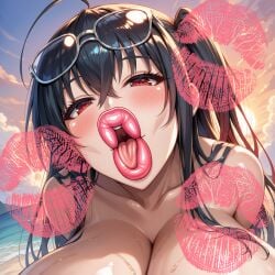 ai_generated ali_(artist) big_breasts big_lips bimbo bimbo_lips breasts_bigger_than_head buchukisu duck_face female female_focus female_only huge_breasts huge_lips huge_nipples kissing lips lipstick lipstick_mark lipstick_mark_on_screen lipstick_marks pov pov_kiss red_lips solo taihou_(azur_lane) thick_lips