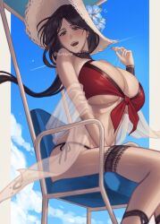 1girls 50x48x48 beach_chair bikini black_hair bleach bleach:_brave_souls blue_eyes blue_sky blurry breasts cleavage depth_of_field front-tie_bikini_top front-tie_top hat highres holding holding_whistle huge_breasts long_hair looking_at_viewer navel official_alternate_costume open_mouth red_bikini sky solo sun_hat swimsuit thigh_strap underboob unohana_retsu whistle whistle_around_neck