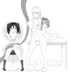 black_and_white egg_laying eggs large_breasts long_hair love_live! medium_breasts meian_hornytime minami_kotori nude_females portal_wall selvaria_bles skirt small_breasts table tentacle touching_breast touching_each_other touching_self twintails valkyria_chronicles yazawa_nico
