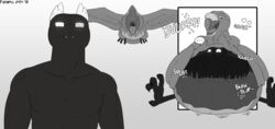 2016 anthro avian beak belly big_belly bird burping buzzard digestion duo feathered_wings feathers female feral fidchellvore flying heart honey_buzzard lyla_the_honey_buzzard male monochrome open_mouth oral_vore simple_background sitting smile spread_wings talons tongue tongue_out unknown_species vore wings