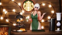 apron apron_only blue_eyes cafe curvy glasses iced_latte_with_breast_milk lilith_(yazanios) short_hair starbucks vampire white_hair yazanios