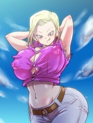 android_18 ass big_breasts big_nipples blonde blonde_hair breasts bursting_breasts cleavage clothing dragon_ball dragon_ball_z erect_nipples female female_only huge_breasts jeans large_ass licking_lips looking_at_viewer looking_down milf nipple_bulge nipples rickert_kai shounen_jump solo solo_female thick_hips thick_legs thick_thighs voluptuous wide_hips yellow_hair