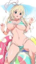 1girls 2024 aqua_bikini ball beach_ball big_breasts bikini blonde_hair bounce bouncing bouncy breasts busty female female_only green_eyes hands_up happy inflatable large_breasts long_hair marvelous open_mouth senran_kagura sitting sitting_on_ball sitting_on_beachball smile swim_ring swimsuit thick_thighs thighs underboob yaegashi_nan yomi_(senran_kagura)