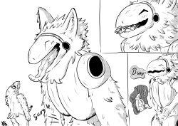 absurd_res anthro aroused avian bird black_and_white blush blush_lines bodily_fluids burping comforting comic corvid corvus_(genus) crow erection feathers fluffy fur genitals happy hi_res inside_stomach machine male male/male micro monochrome open_mouth oral_vore oscine passerine penis protogen saliva sleeping tail tapering_penis tongue tongue_out vore wet xcoreus