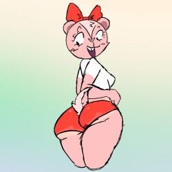1girls ass_focus ass_shine big_ass booty_shorts butt_markings chipmunk cropped_shirt face_markings giggles giggles_(htf) hair_tuft happy_tree_friends heart_shaped_nose htf looking_at_own_ass looking_back looking_down pink_fur red_bow red_shorts small_breasts small_tail thick_thighs white_shirt yanisunn_(artist)