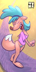 2015 anthro bottomless canid canine closed_eyes clothed clothing dancing female fox hi_res mammal nickelodeon nipple_slip nipples open_mouth pubes rocko's_modern_life sheila_(rocko's_modern_life) shirt smile solo tail topwear tvma walking