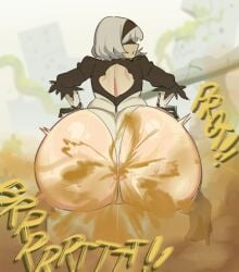 1girls anus asolhoe ass back_view big_ass fart fart_cloud fart_fetish farting female huge_ass nier:_automata white_hair yorha_2b