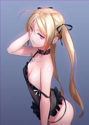 1girls ahoge ass black_panties blonde_hair blush breasts camisole choker erect_nipples female female_only hair_ribbon human kai_(link2262) long_hair looking_at_viewer nipple_slip nipples original panties purple_eyes ribbon see-through simple_background small_breasts solo strap_slip twintails underwear underwear_only violet_eyes waiting