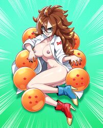 1girls android_21 android_21_(human) areolae big_breasts blue_eyes breasts brown_hair datskelebutt dragon_ball dragon_ball_(object) dragon_ball_fighterz dragon_ball_super dragon_ball_z female glasses huge_breasts labcoat large_breasts nipples nude seductive solo solo_female thick_thighs thighs